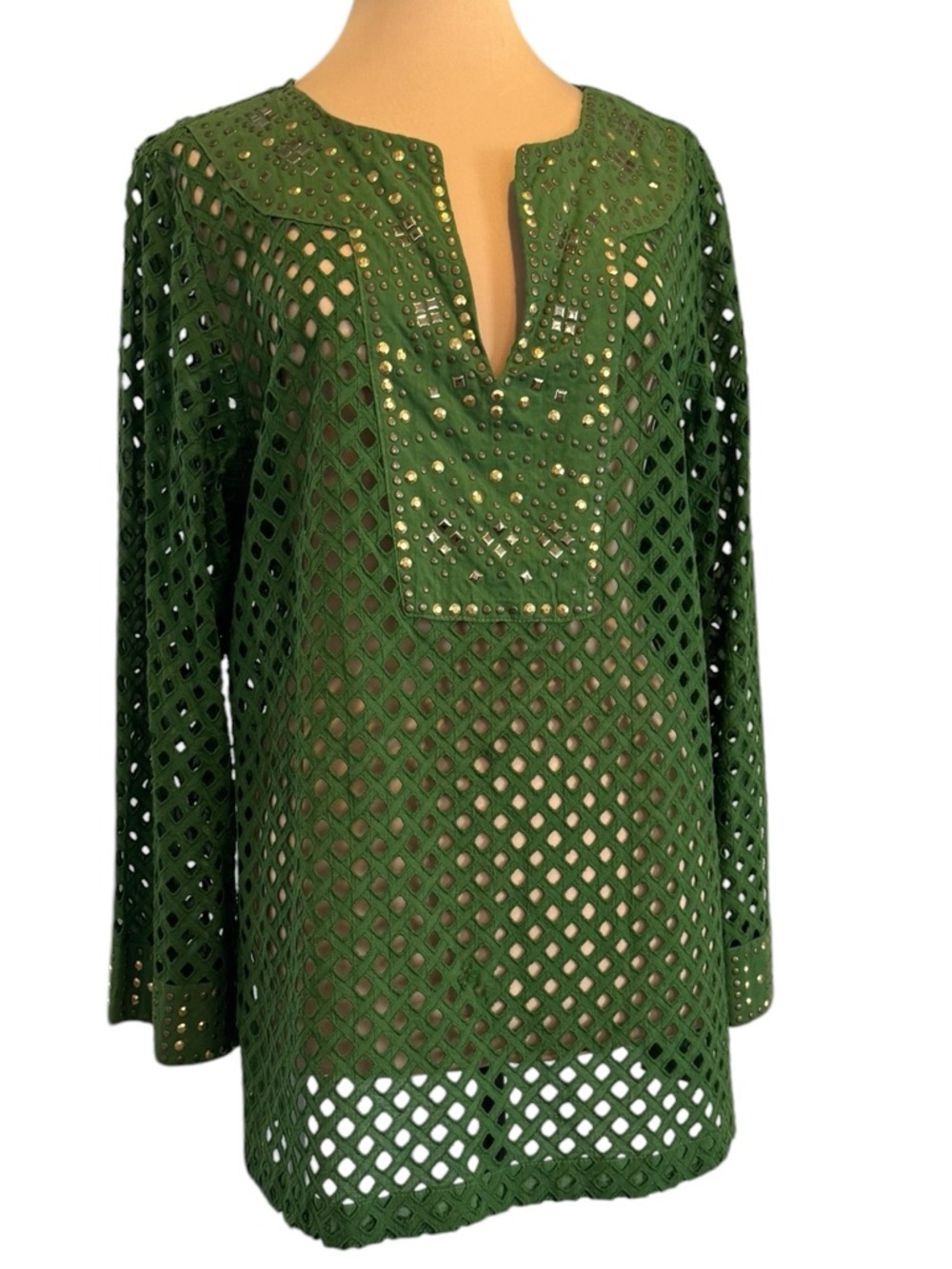 Ashley Stewart Vintage Green Laser cut pierced boho tunic top shirt blouse plus
